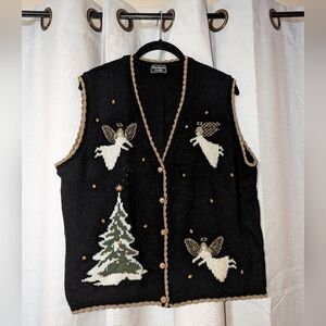 Vintage Angels Tree Holiday Winter Embroidered Knit Christmas Cardigan Sweater